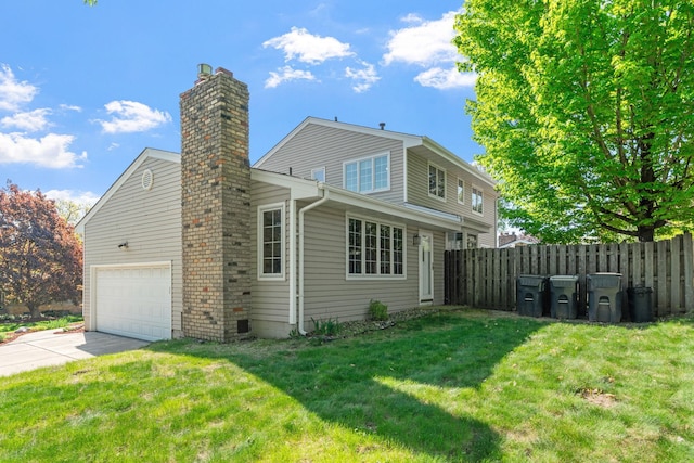 view of home's exterior with a chimney, concrete driveway, and a garage