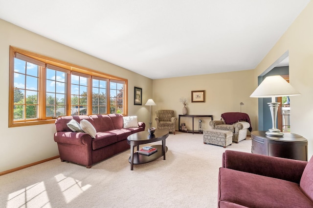 living room featuring carpet floors and baseboards