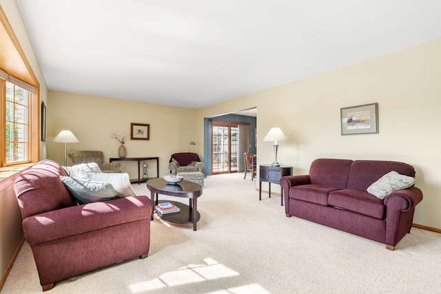 carpeted living area with plenty of natural light and baseboards