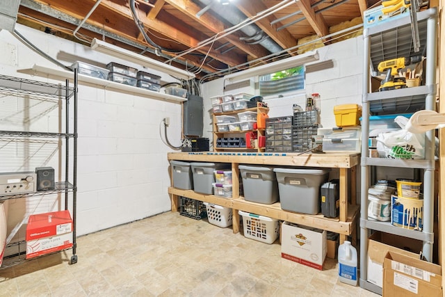 unfinished basement with electric panel and concrete block wall