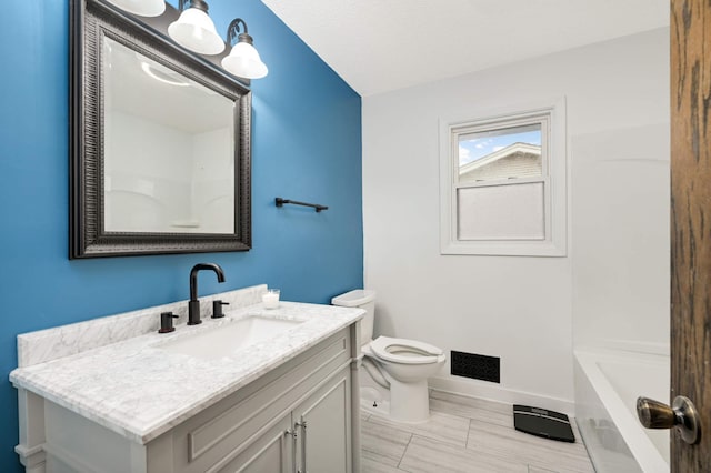 full bathroom with visible vents, walk in shower, baseboards, vanity, and toilet