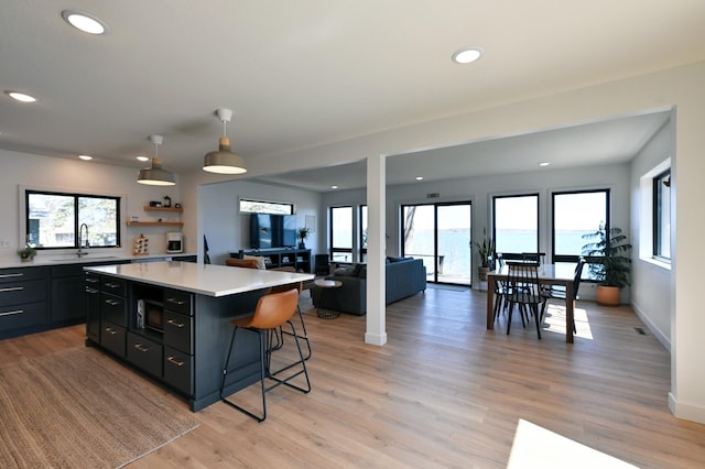 1011 Burgs Park Dr, Shell Lake, WI 54871 - kitchen featuring a kitchen bar, a center island, a healthy amount of sunlight, and a sink
