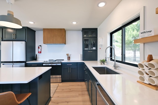 1011 Burgs Park Dr, Shell Lake, WI 54871 - kitchen with light wood finished floors, light countertops, a sink, glass insert cabinets, and appliances with stainless steel finishes