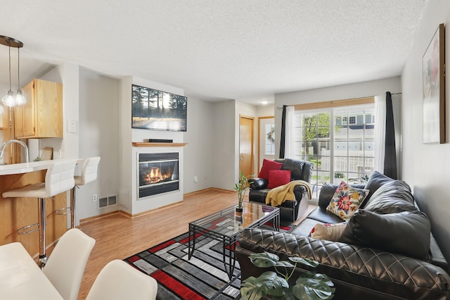 8397 Corcoran Cir Unit 26, Inver Grove Heights, MN 55076 - living room featuring light wood-style floors, a glass covered fireplace, and a textured ceiling