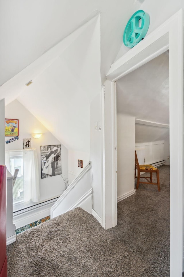 3304 Longfellow Ave, Minneapolis, MN 55407 - stairway with carpet flooring, baseboard heating, and vaulted ceiling