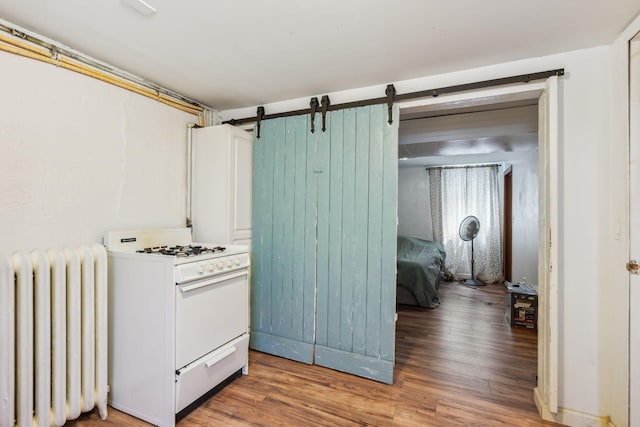 3304 Longfellow Ave, Minneapolis, MN 55407 - kitchen featuring a barn door, radiator, wood finished floors, and white gas range