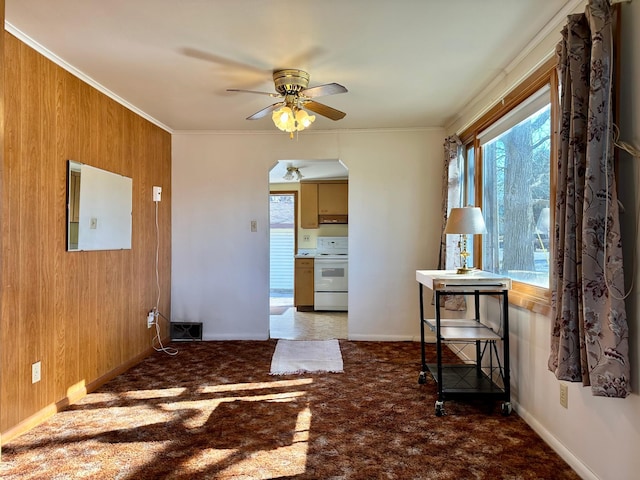 carpeted spare room with a ceiling fan, plenty of natural light, wood walls, crown molding, and baseboards