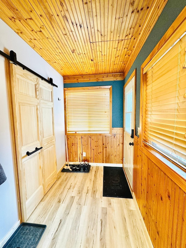 41820 Bald Eagle Dr, Marcell Twp, MN 56628 - entryway with a barn door, wainscoting, wood finished floors, wood walls, and wood ceiling