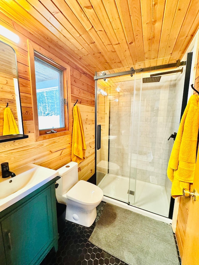 41820 Bald Eagle Dr, Marcell Twp, MN 56628 - bathroom with vanity, wooden ceiling, wood walls, a stall shower, and tile patterned floors