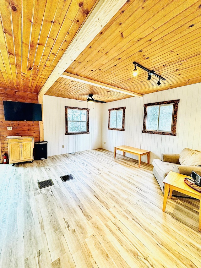 41820 Bald Eagle Dr, Marcell Twp, MN 56628 - living area with wood ceiling, wood finished floors, track lighting, and wooden walls