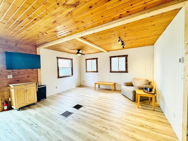 41820 Bald Eagle Dr, Marcell Twp, MN 56628 - sitting room featuring light wood-style flooring, wood walls, wood ceiling, plenty of natural light, and a ceiling fan