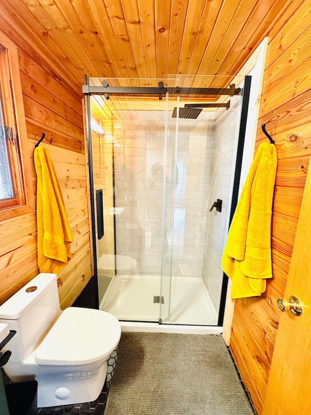 41820 Bald Eagle Dr, Marcell Twp, MN 56628 - bathroom featuring wooden walls, a stall shower, and wooden ceiling