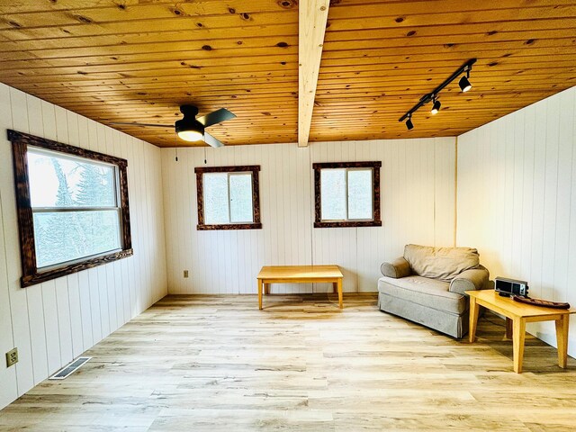 41820 Bald Eagle Dr, Marcell Twp, MN 56628 - living area featuring rail lighting, light wood-type flooring, wooden ceiling, a ceiling fan, and wooden walls