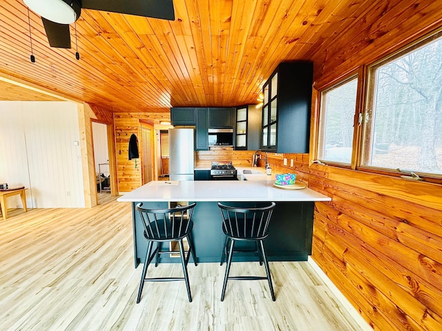 41820 Bald Eagle Dr, Marcell Twp, MN 56628 - kitchen with wooden walls, light countertops, appliances with stainless steel finishes, wood ceiling, and a peninsula
