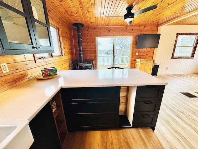 41820 Bald Eagle Dr, Marcell Twp, MN 56628 - kitchen with wood ceiling, healthy amount of natural light, a peninsula, light wood-style flooring, and light countertops