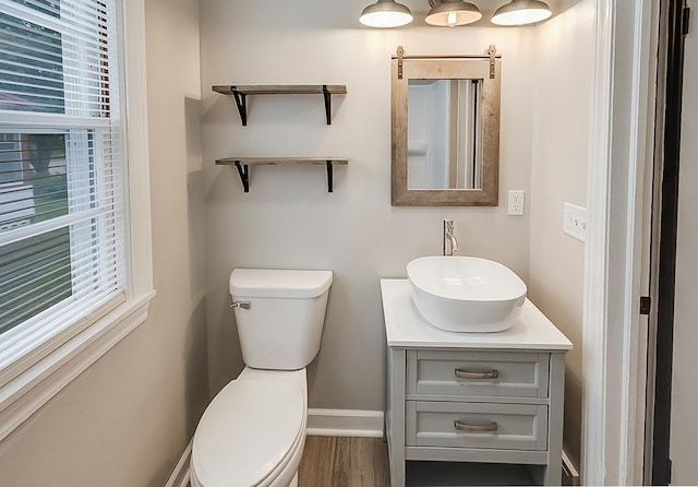 423 1st St NW, Faribault, MN 55021 - half bathroom with toilet, healthy amount of natural light, vanity, and wood finished floors