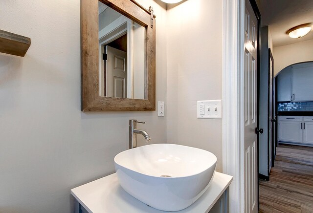 423 1st St NW, Faribault, MN 55021 - bathroom featuring vanity, wood finished floors, and decorative backsplash