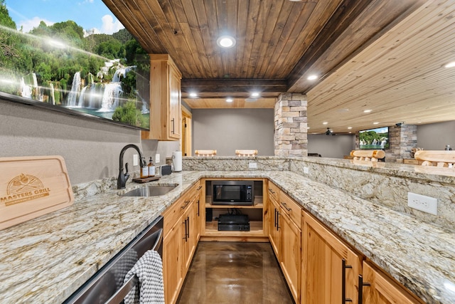 kitchen with wooden ceiling, finished concrete flooring, a sink, recessed lighting, and light stone counters