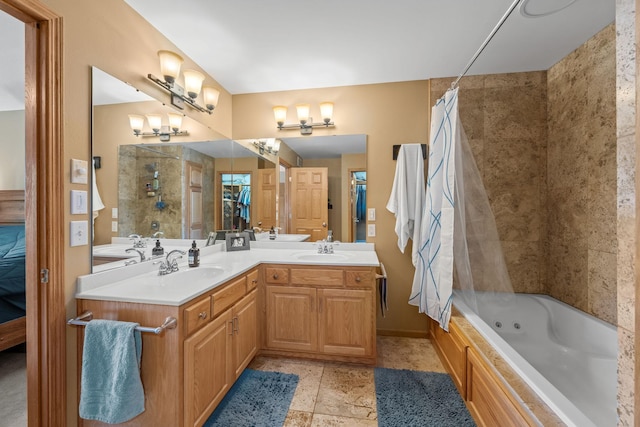 full bathroom with shower / bath combination with curtain and double vanity