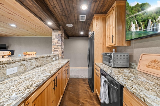 kitchen featuring freestanding refrigerator, wooden ceiling, light stone counters, finished concrete floors, and recessed lighting