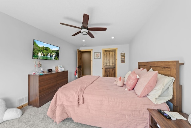 bedroom featuring recessed lighting, light carpet, and ceiling fan