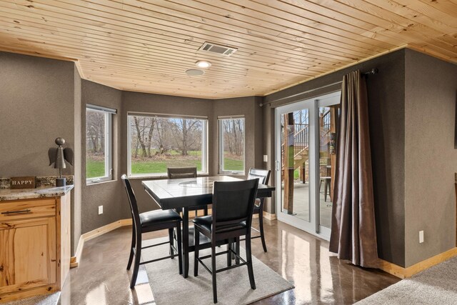 19390 Queen Cir NW, Elk River, MN 55330 - dining space with wood ceiling, baseboards, a textured wall, and concrete floors
