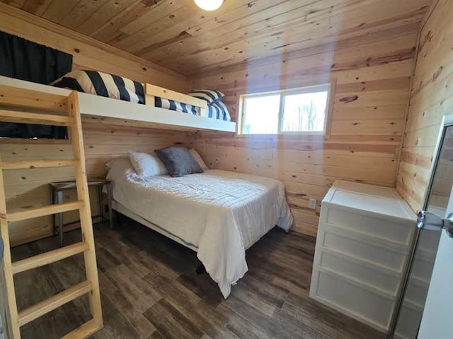 50967 Wymer Lake Trl, Hobart Twp, MN 56544 - bedroom featuring wood ceiling, wooden walls, and dark wood-style floors