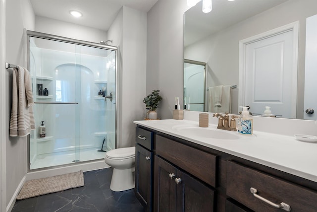 5928 Th St W, Lakeville, MN 55044 - full bath with a stall shower, toilet, vanity, and marble finish flooring