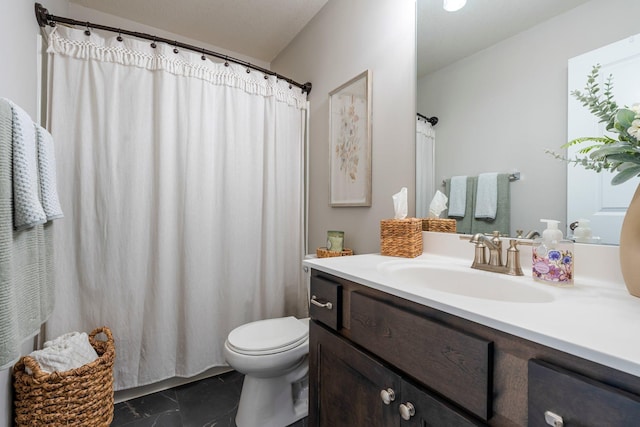 5928 Th St W, Lakeville, MN 55044 - full bath with marble look tiles, toilet, vanity, and a shower with curtain