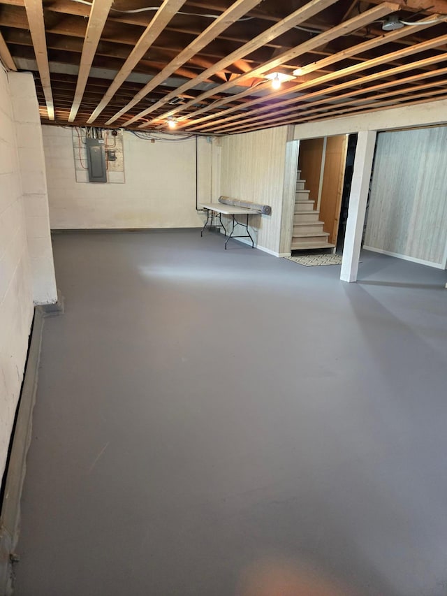 218 Lake Ave E, Fulda, MN 56131 - basement with electric panel, stairway, and concrete block wall