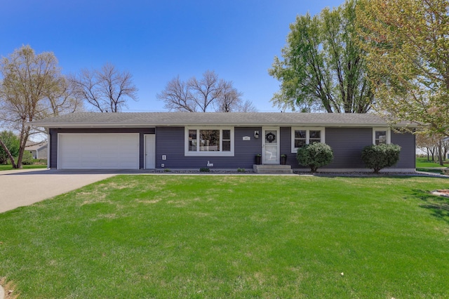 ranch-style home with concrete driveway, a front lawn, and an attached garage