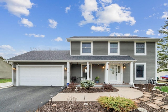 traditional home featuring driveway, a garage, a shingled roof, and covered porch