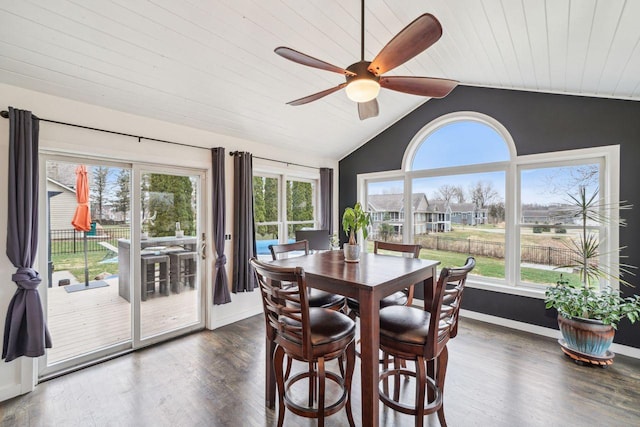 dining space with lofted ceiling, dark wood-style floors, a ceiling fan, baseboards, and wood ceiling