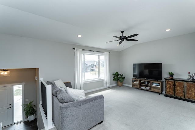 living room with recessed lighting, vaulted ceiling, a ceiling fan, baseboards, and carpet flooring