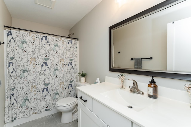 bathroom featuring toilet, vanity, tile patterned floors, and visible vents