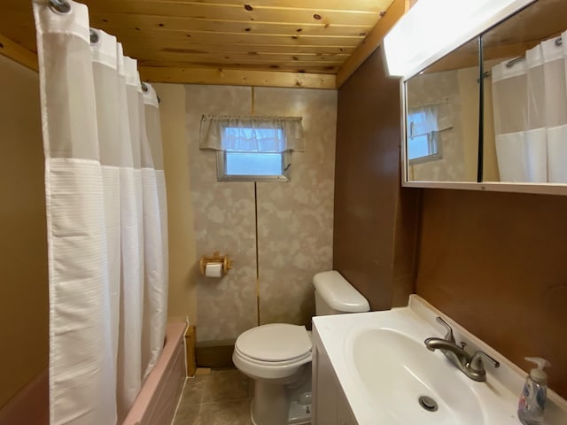 W8108 Vernon Ave, Chicog Twp, WI 54888 - full bathroom featuring toilet, shower / tub combo, tile patterned flooring, wooden ceiling, and vanity