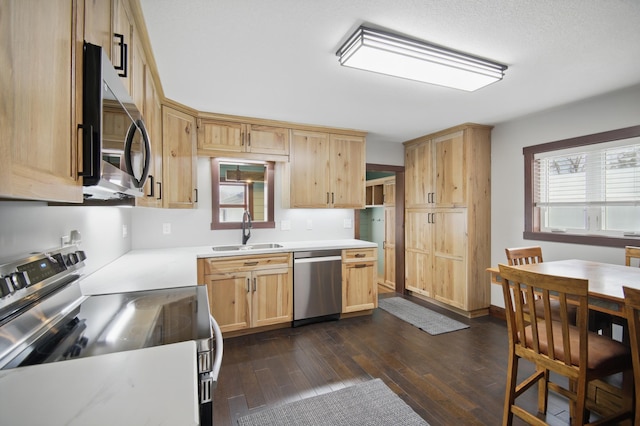 235 3rd St NE, Blooming Prairie, MN 55917 - kitchen featuring light brown cabinetry, stainless steel appliances, light countertops, a sink, and dark wood-type flooring