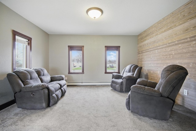 235 3rd St NE, Blooming Prairie, MN 55917 - carpeted living area featuring a baseboard heating unit and wood walls