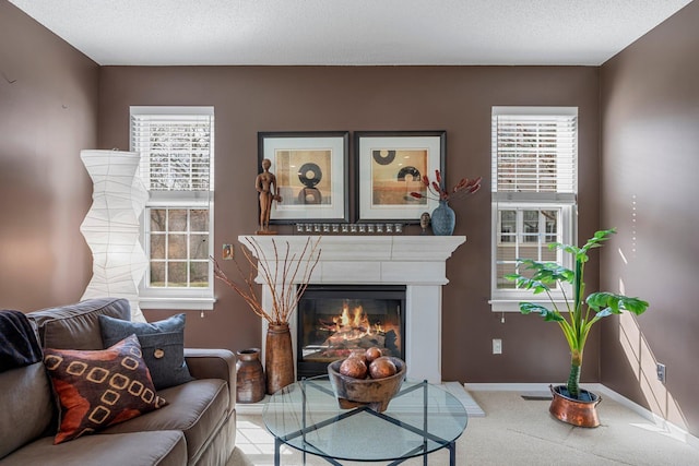 living area with a glass covered fireplace, carpet floors, baseboards, and plenty of natural light