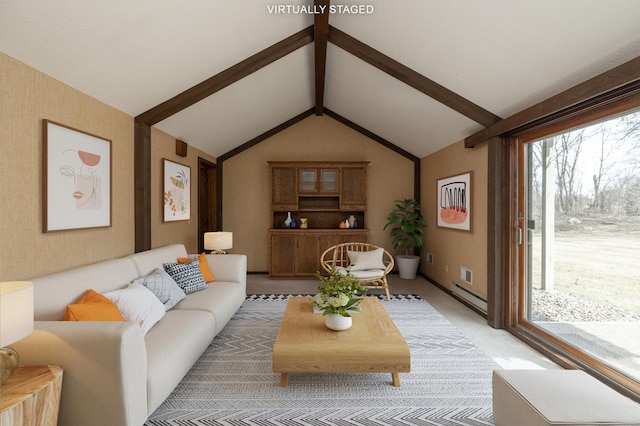 living room with light carpet, vaulted ceiling with beams, and a baseboard radiator