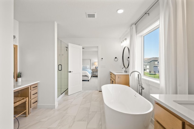 4429 Arbor Dr, Woodbury, MN 55129 - bathroom with a freestanding bath, marble finish flooring, a shower stall, vanity, and plenty of natural light