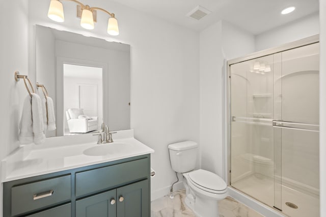 4429 Arbor Dr, Woodbury, MN 55129 - bathroom featuring vanity, toilet, a shower stall, marble look tile flooring, and baseboards