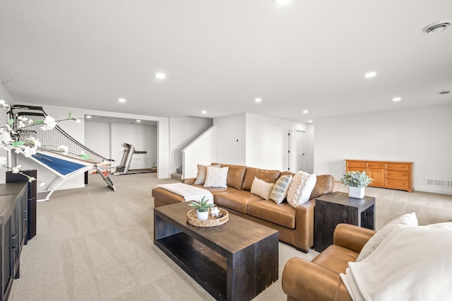 4429 Arbor Dr, Woodbury, MN 55129 - living room with light colored carpet, recessed lighting, stairway, and baseboards
