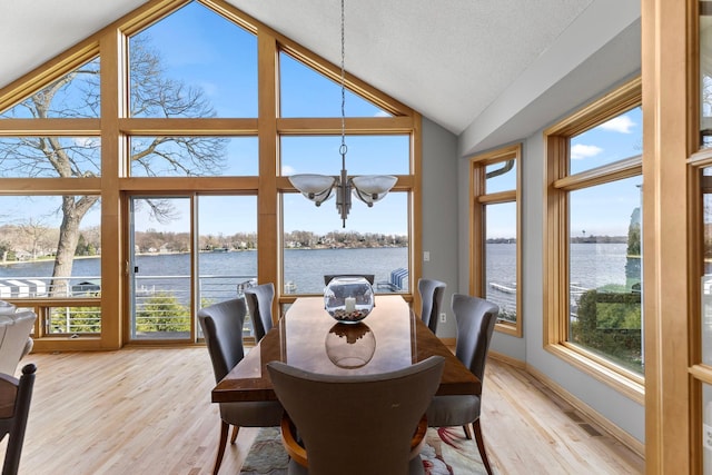 4101 Highwood Rd, Orono, MN 55364 - dining area with wood finished floors, a water view, lofted ceiling, and a notable chandelier