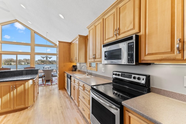 4101 Highwood Rd, Orono, MN 55364 - kitchen featuring a sink, light wood-style flooring, light brown cabinetry, and stainless steel appliances