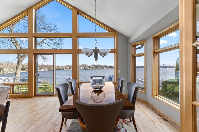 4101 Highwood Rd, Orono, MN 55364 - dining area featuring a chandelier, lofted ceiling, a water view, and wood finished floors