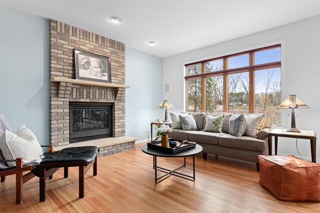 living area featuring baseboards, a fireplace, and wood finished floors