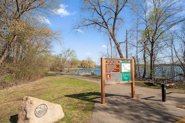 view of home's community with a water view