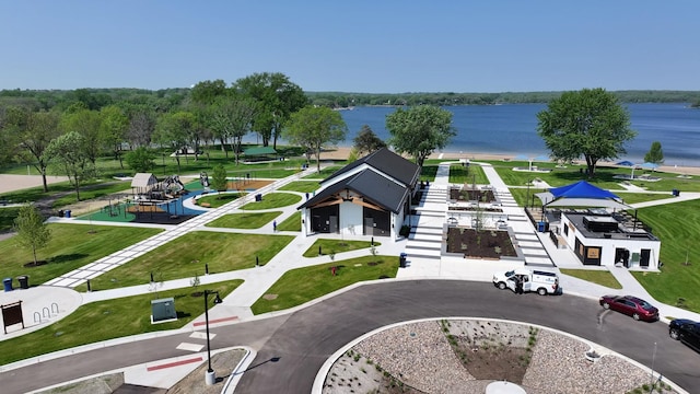 bird's eye view with a water view