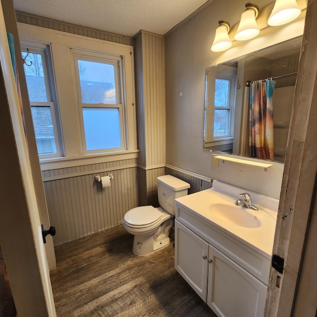 307 11th St NW, Willmar, MN 56201 - full bathroom with vanity, toilet, a textured ceiling, a wainscoted wall, and wood finished floors